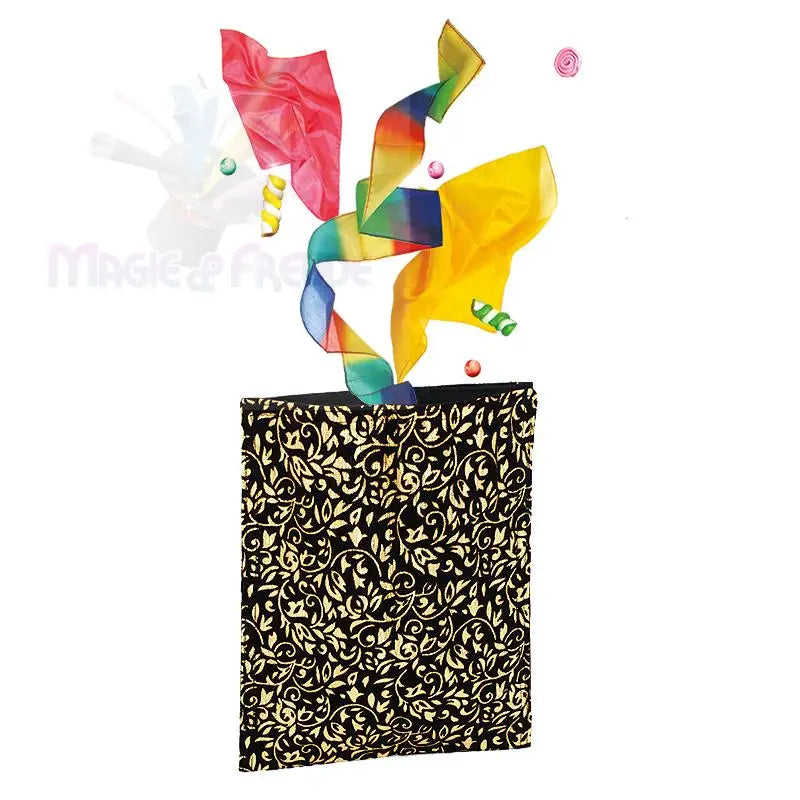 Schwarzes Notizbuch mit einem goldenen Blumenmuster und bunten Bändern und Luftschlangen, die oben herauskommen.