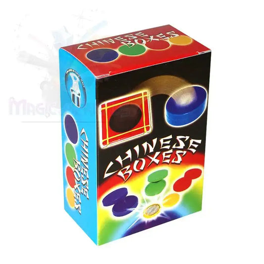 Magie-Trickset Chinese Boxes, bunte Zauberkästen für Zaubertricks, Verpackung mit Münze