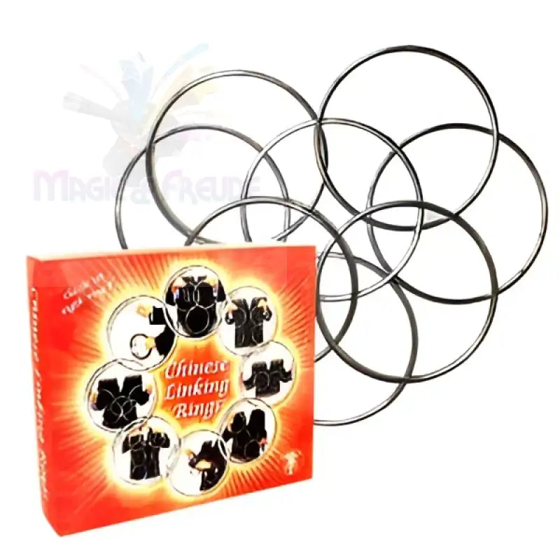 Ein Satz von acht Metall-Verbindungsringen für Zaubertricks, mit einer Box, die verschiedene Verbindungskonfigurationen zeigt.