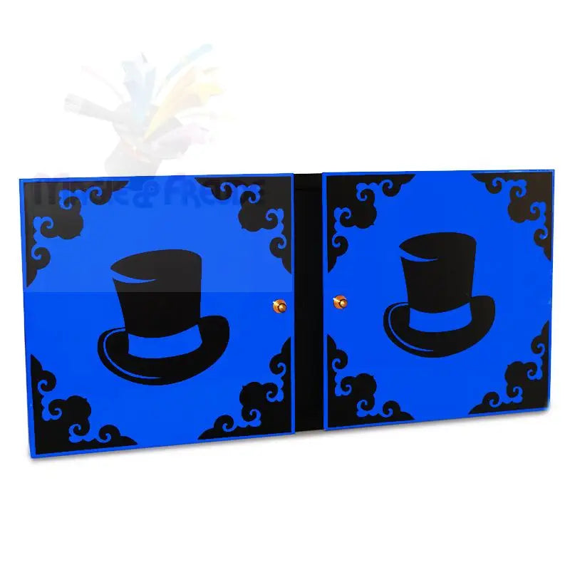 Ein blau-schwarzes Zauberrequisit mit Zylinderillustrationen.