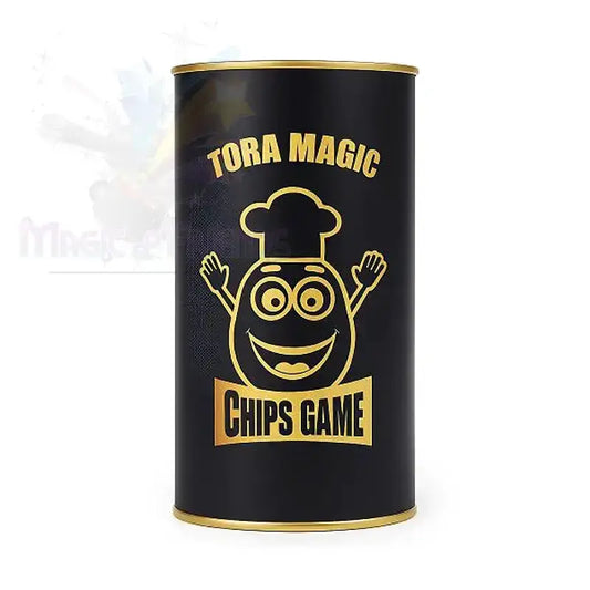 Schwarze Zauberdose mit goldener Aufschrift Chips Game und fröhlichem Smiley für Zaubertricks