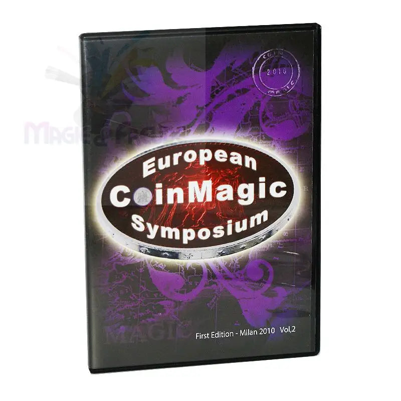 Eine schwarze DVD-Hülle mit einem lila-schwarzen Design und dem Titel ’European Coin Magic Symposium’ auf der Vorderseite.
