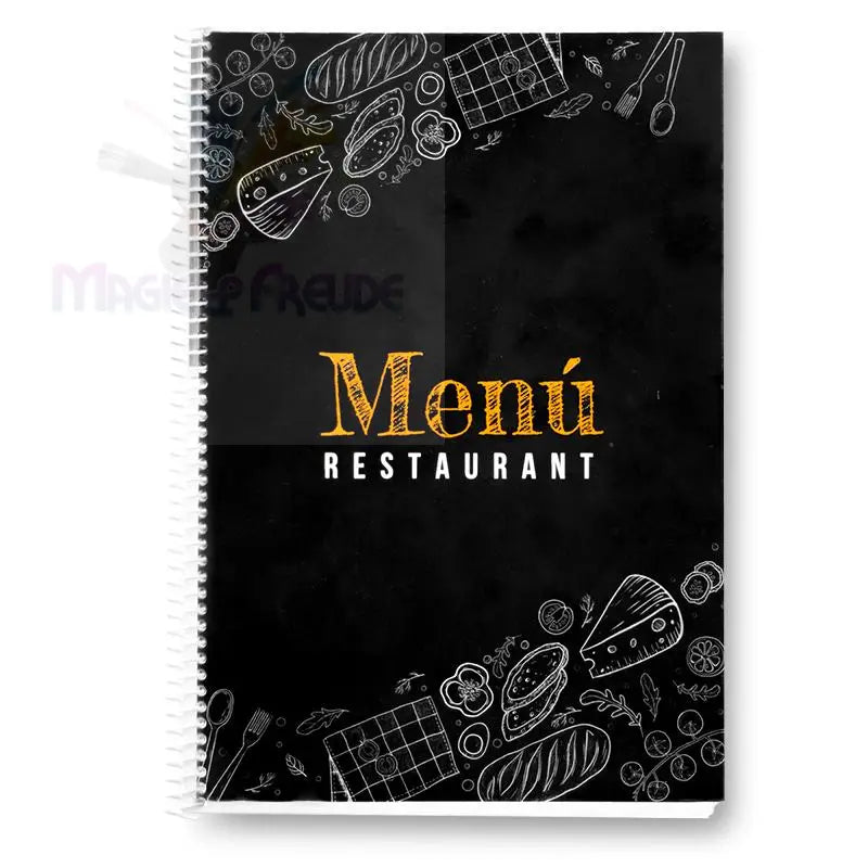 Eine schwarze, spiralgebundene Speisekarte mit Abbildungen von Speisen.