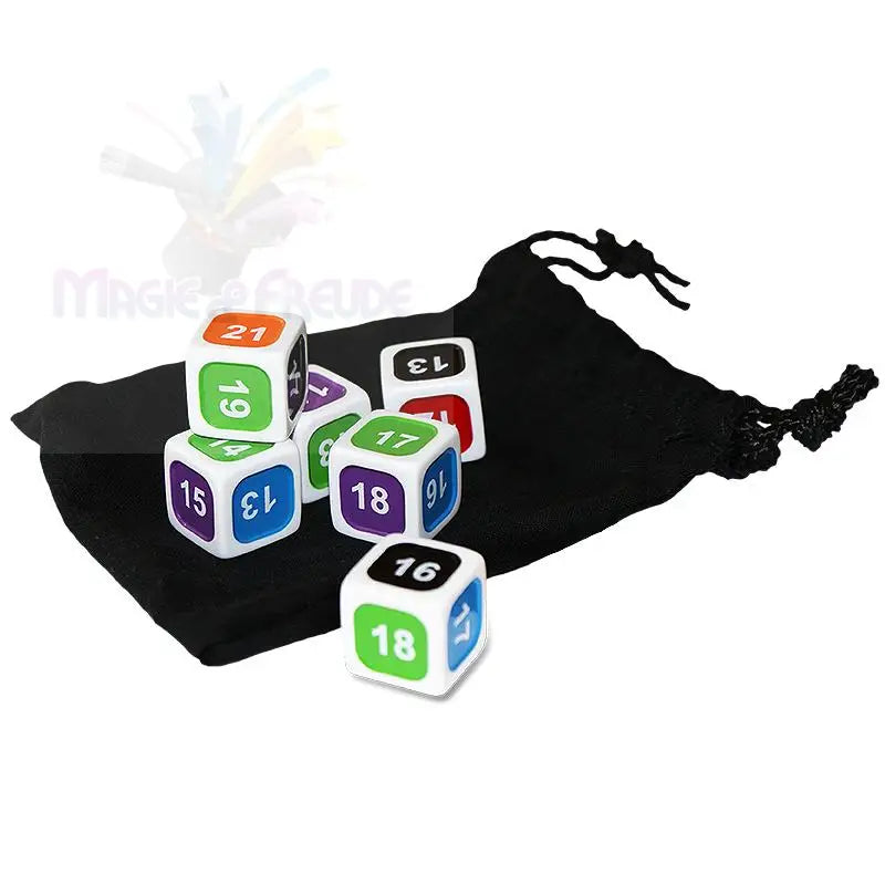 Ein Satz bunter, nummerierter Würfel und ein schwarzer Beutel mit Kordelzug.