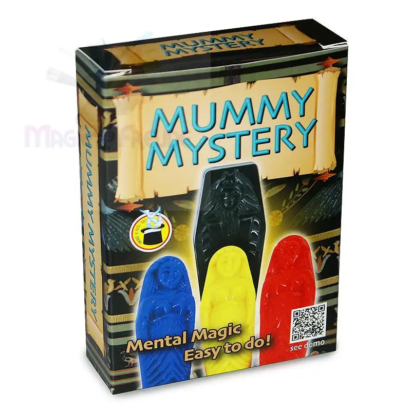 Ein Mentalzaubertrick in einer Schachtel mit bunten Mumienfiguren.