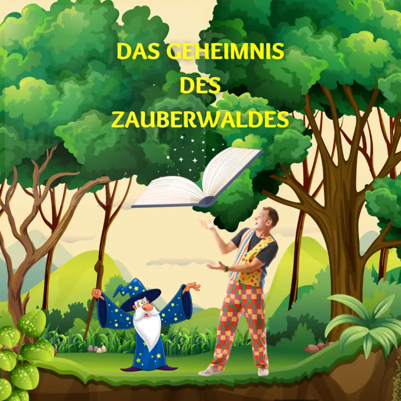 Eine skurrile Illustration eines Zauberers und eines Mannes in einem karierten Outfit, zwischen denen ein aufgeschlagenes magisches Buch schwebt, vor einem Hintergrund aus grünen Bäumen.