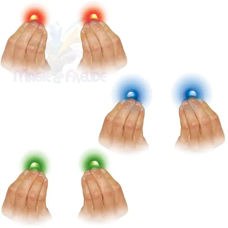 Hände mit leuchtenden Fingerlichtern in Rot, Blau und Grün.