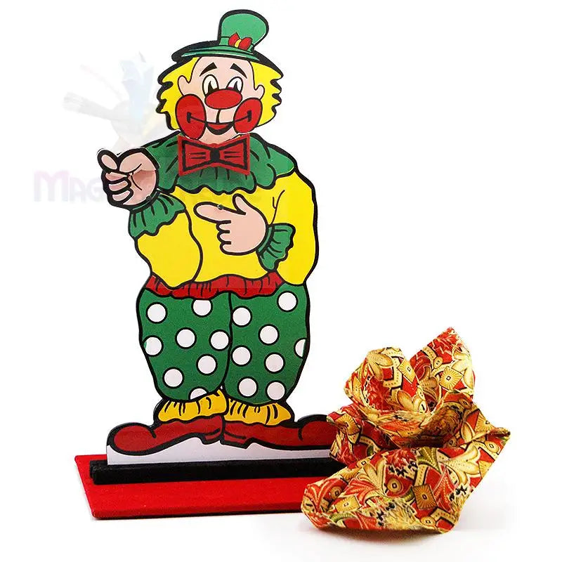 Eine bunte Clownsfigur aus Holz mit roter Fliege und gepunkteter Hose.