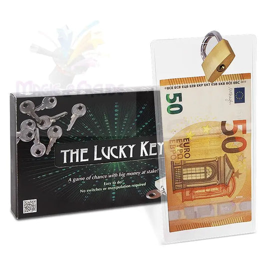 Ein Zaubertrickset namens ’Der Glücksschlüssel’ mit einem 50-Euro-Schein, der mit einem Vorhängeschloss gesichert ist.