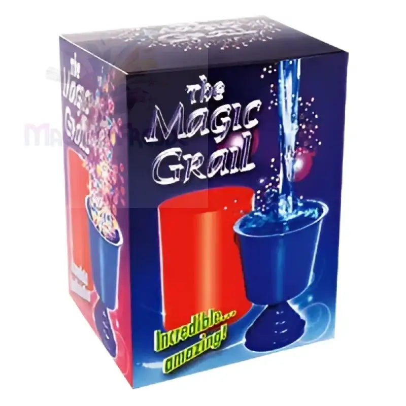 Ein farbenfroher Zauberkasten mit einer Illusion, die eine rote Tasse und einen blauen Kelch beinhaltet.