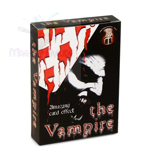 Eine schwarze Schachtel für einen Kartentrick mit einer Vampirillustration.