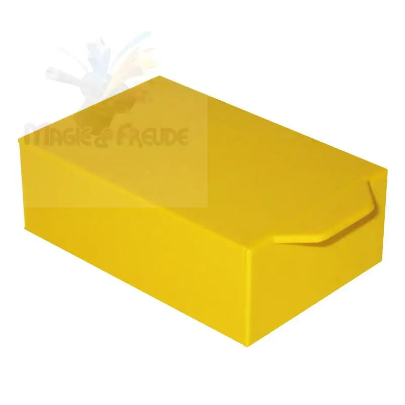 Eine leuchtend gelbe, rechteckige Schachtel mit einem Klappdeckelverschluss.
