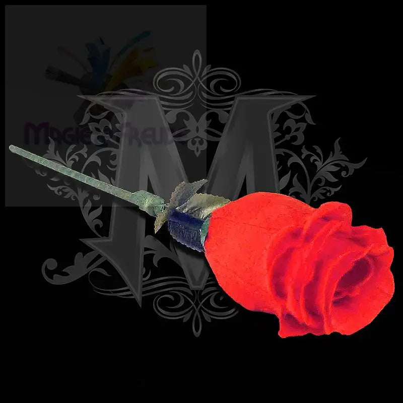 Eine leuchtend rote Rose mit grünem Stiel und dunkelblauem Kelch.