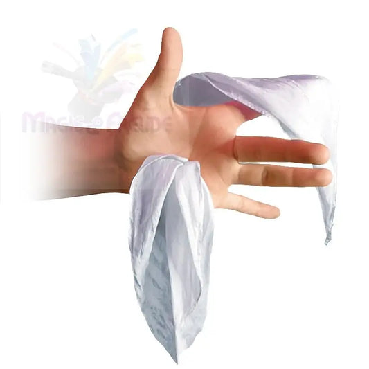 Eine menschliche Hand, die zwei weiße Seidenschals hält, als ob sie einen Zaubertrick vorführen würde.