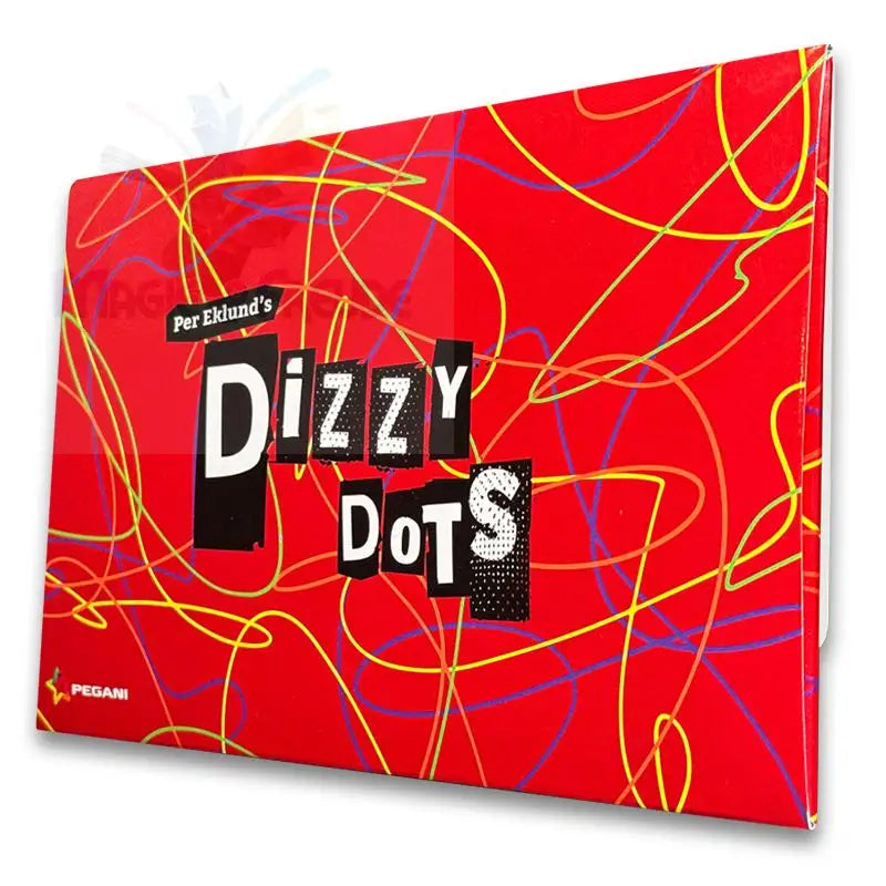 Eine rote Brettspielschachtel mit abstrakten gelben und violetten Linien und ’Dizzy Dots’ in einem ausgeschnittenen Textstil.