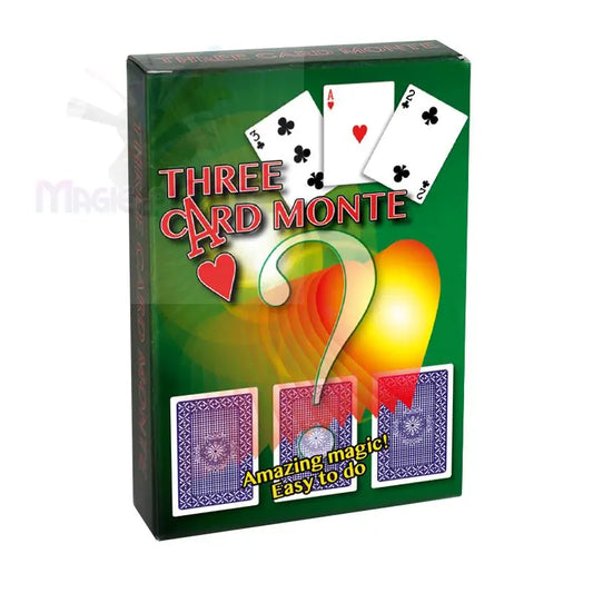 Eine grüne Schachtel mit dem Zaubertrick ’Three Card Monte’ mit Karten und einem Fragezeichen-Muster.