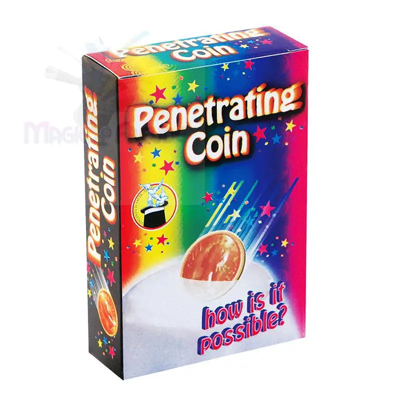 Eine bunte Schachtel für einen Zaubertrick namens ’Penetrating Coin’.