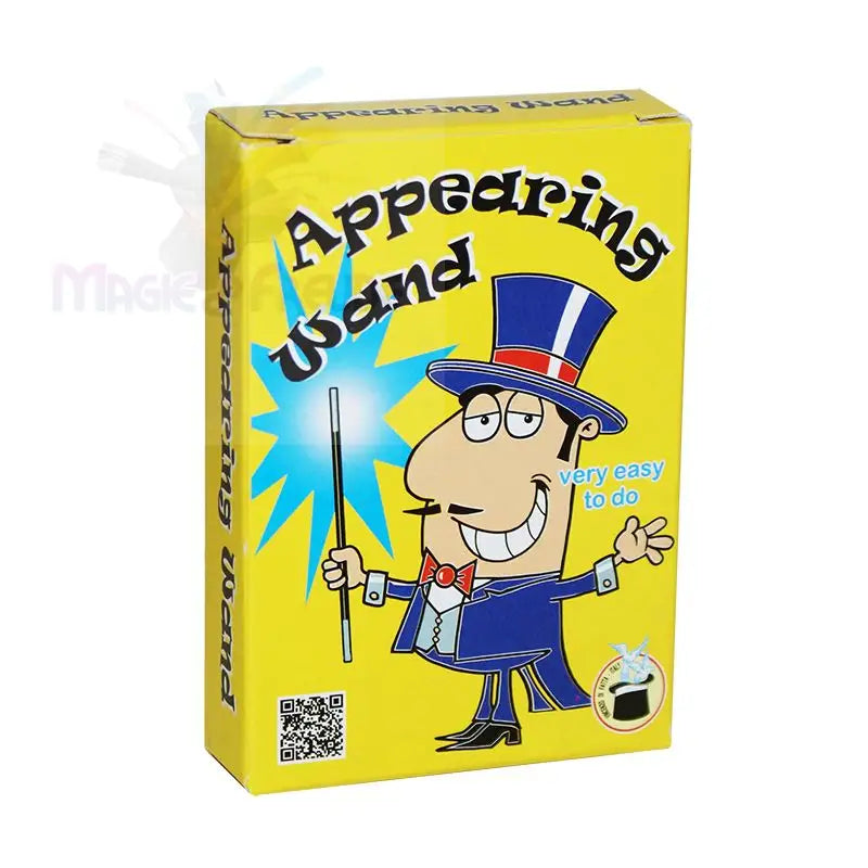 Ein gelber Kasten für einen Zaubertrick mit einem Cartoon-Zauberer und einem Zauberstab.
