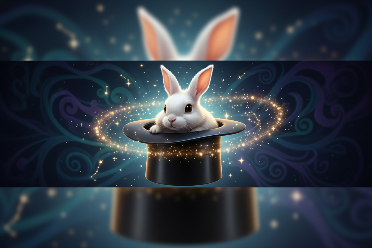 Erstelle eine professionelle, dennoch verspielt wirkende Header-Grafik mit einem Zauberhut, aus dem ein Hase hervorblickt. Füge dezent leuchtende Sterne hinzu, um eine magische Atmosphäre zu erzeugen. Der Stil soll modern, hochwertig und visuell ansprechend sein – geeignet für einen Online-Zaubershop. Verwende kräftige, aber elegante Farben, sanfte Lichtakzente und feine Schattierungen. Die Grafik soll magisch wirken, jedoch keinesfalls kindlich. Das Bild soll im Querformat gestaltet sein, passend als Websi