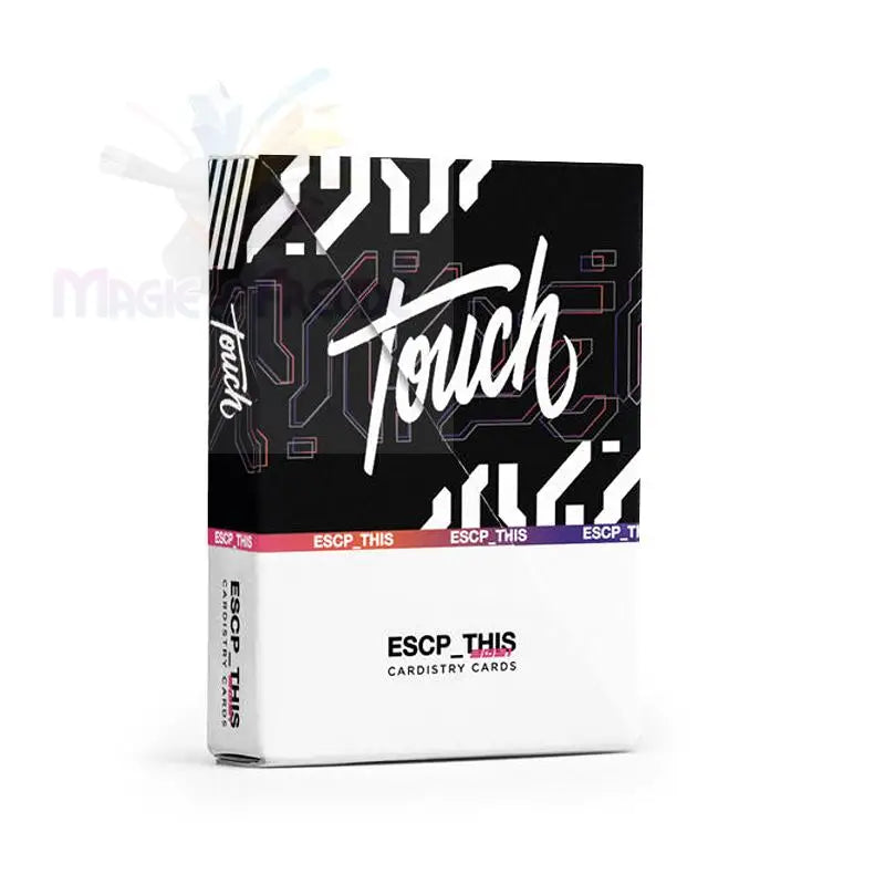 Ein Spielkartenset mit einem abstrakten Schwarz-Weiß-Motiv und dem Schriftzug ’Touch’.