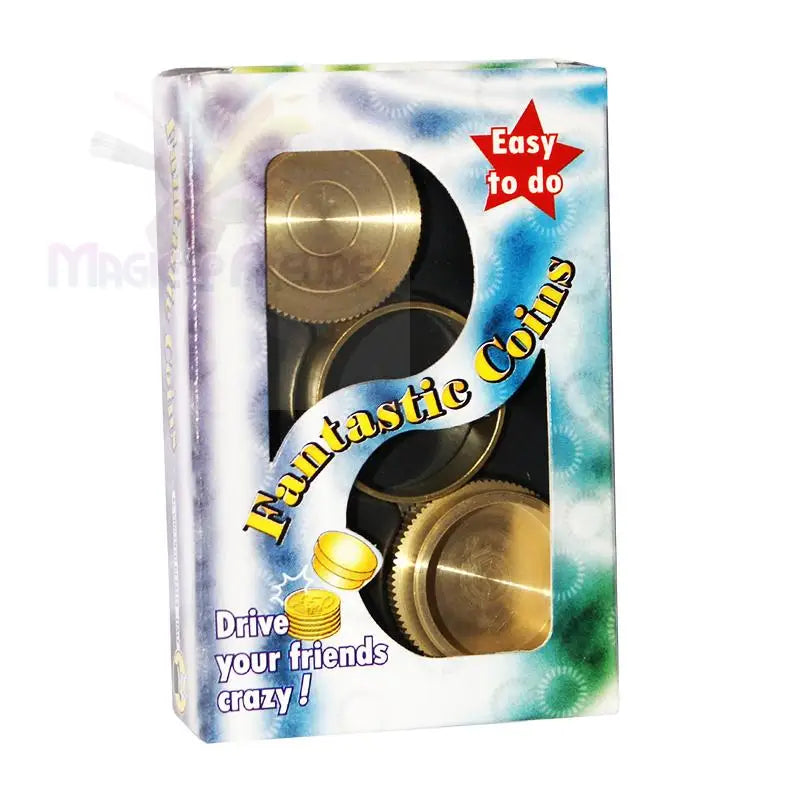 Eine Schachtel mit ’Fantastic Coins’-Zaubertrickrequisiten, die Ihre Freunde in den Wahnsinn treiben sollen und mit der Aufschrift ’Easy to do’ versehen sind.
