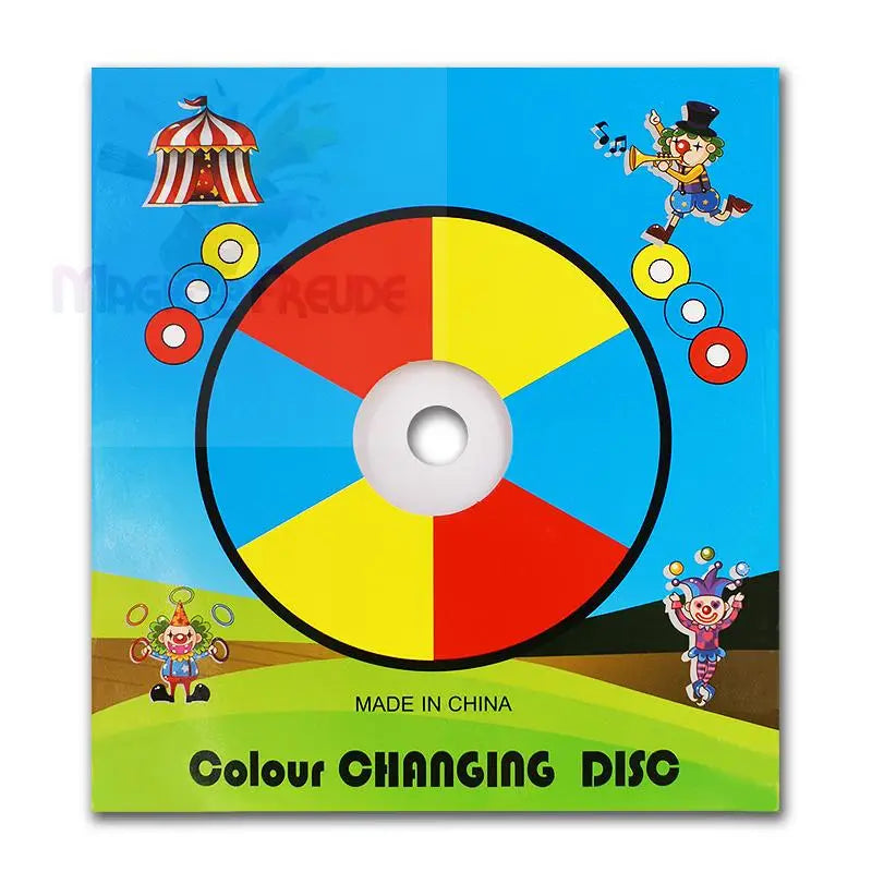 Eine lebendige, mehrfarbige Scheibe, die für Farbwechseleffekte konzipiert ist und verspielte Clown-Illustrationen zeigt.