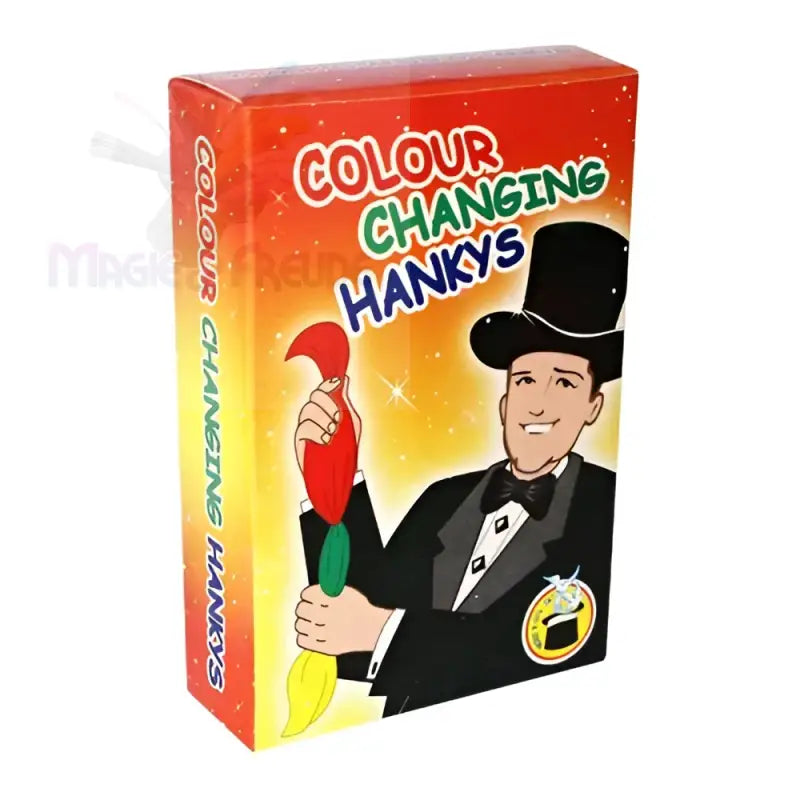 Eine farbenfrohe Schachtel mit dem Zaubertrick ’Colour Changing Hankys’, auf der ein lächelnder Zauberer zu sehen ist.