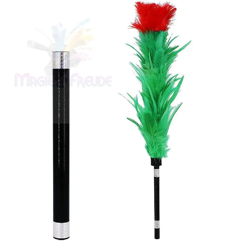 Ein schwarz-silberner Zauberstab neben einer grünen und roten Federblume.