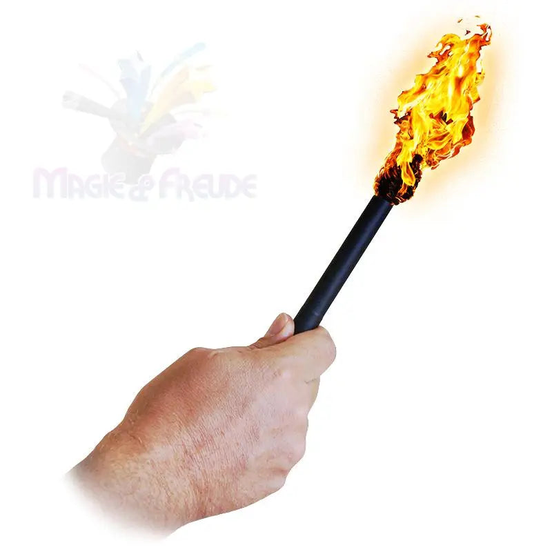 Eine menschliche Hand, die eine brennende Fackel mit einem schwarzen Griff hält.