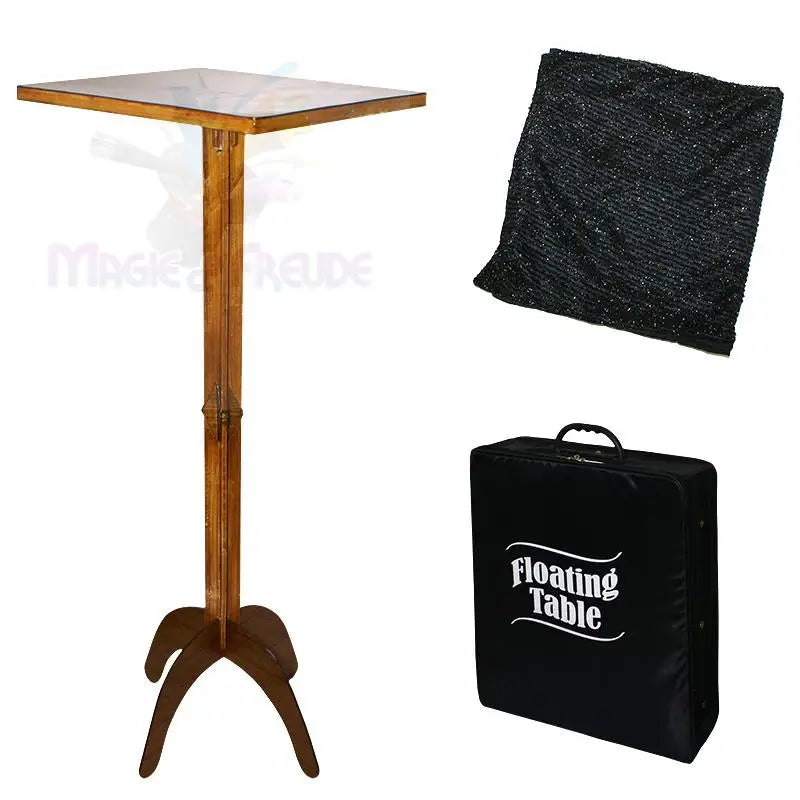 Ein hölzerner schwebender Tisch-Zaubertricksatz mit einem Koffer und einem schwarzen Tuch.