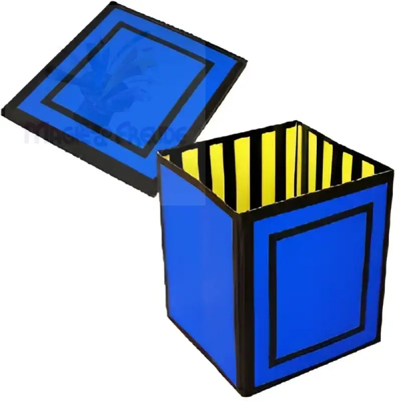 Offene blaue Schachtel mit gelb-schwarz gestreifter Innenseite und abgenommenem Deckel.