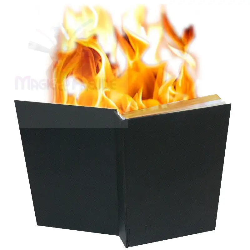 Ein aufgeschlagenes Buch mit schwarzem Einband und in Flammen aufgegangenen Seiten.