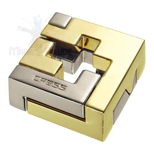 Ein zweifarbiges Metallpuzzle in Gold und Silber.