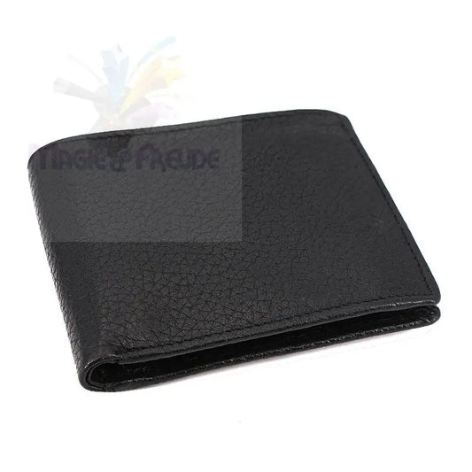 Schwarze Brieftasche aus Leder mit strukturierter Oberfläche.