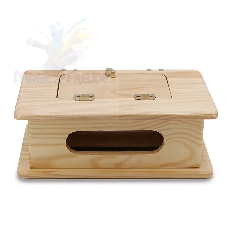 Helles Holzkästchen mit Scharnierdeckel und einer länglichen Öffnung auf der Vorderseite.