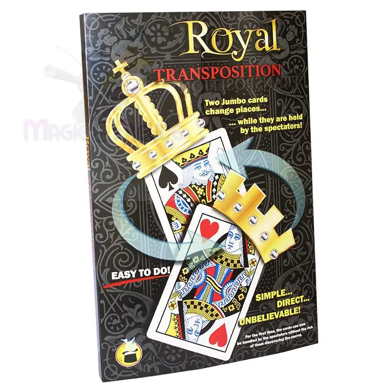 Ein schwarzer Kasten für einen Zaubertrick namens ’Royal Transposition’ mit Spielkarten und Kronen.