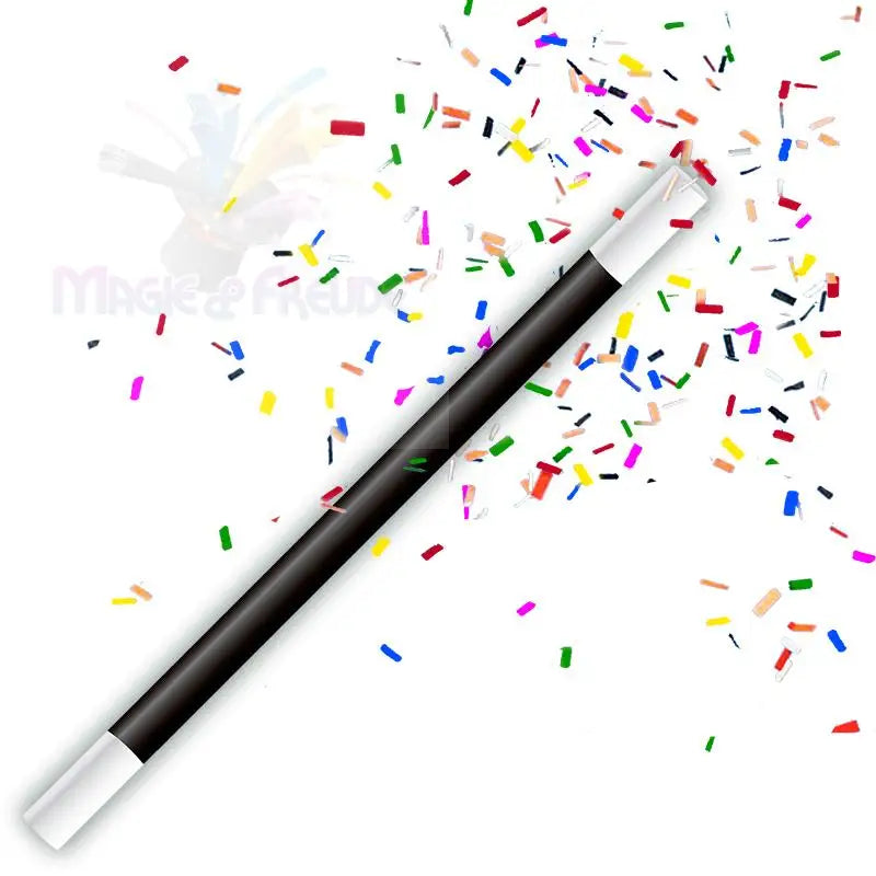 Ein schwarz-weißer Zauberstab mit buntem Konfetti.