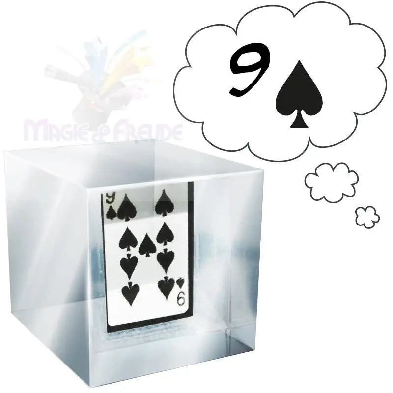 Ein klarer Acrylwürfel mit einer Pik-Neun-Spielkarte.