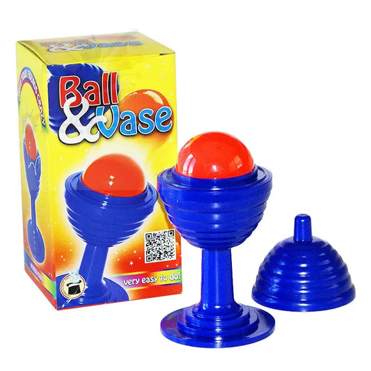 Ein Zaubertrickset mit einem blauen ’Ball & Vase’-Requisit mit einem roten Ball.