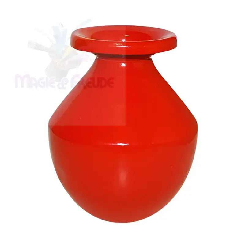 Rote Keramikkanne mit rundem Boden und ausgestelltem Rand.