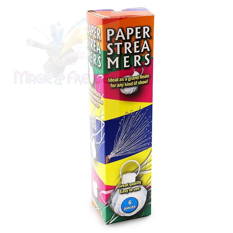 Eine mehrfarbige Schachtel mit Luftschlangen, ideal für ein großes Finale, mit 6 Stück.