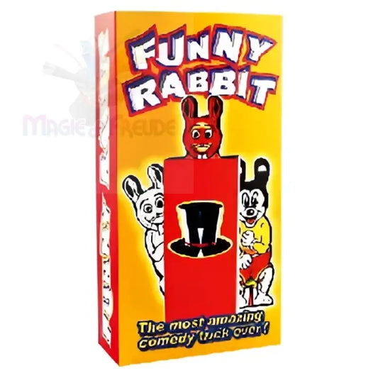Eine Spielzeugkiste für Zaubertricks mit einem Kaninchen und einem Zylinderhut.