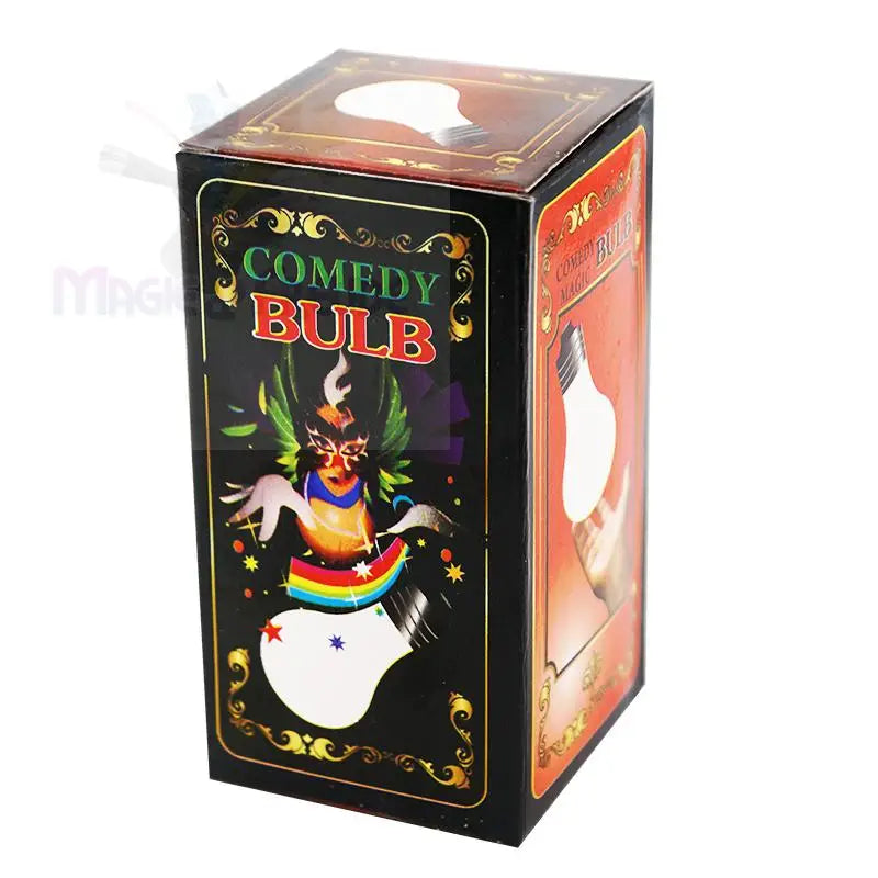 Eine schwarze Schachtel mit bunten Illustrationen und der Aufschrift COMEDY BULB’.