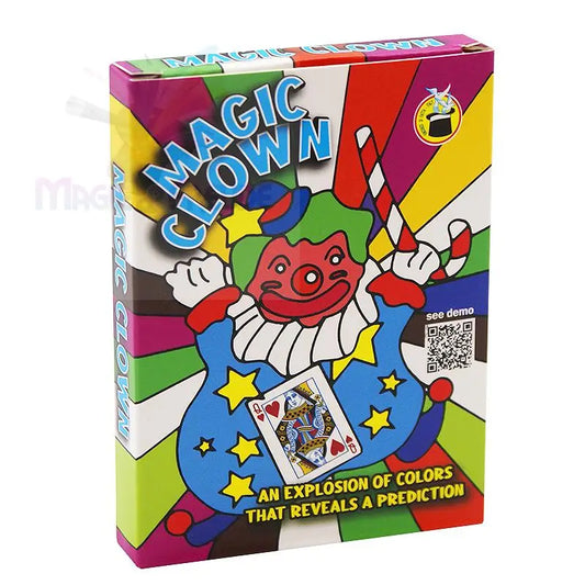 Eine bunte Schachtel für einen Zaubertrick mit einem Clown und einer Spielkarte.