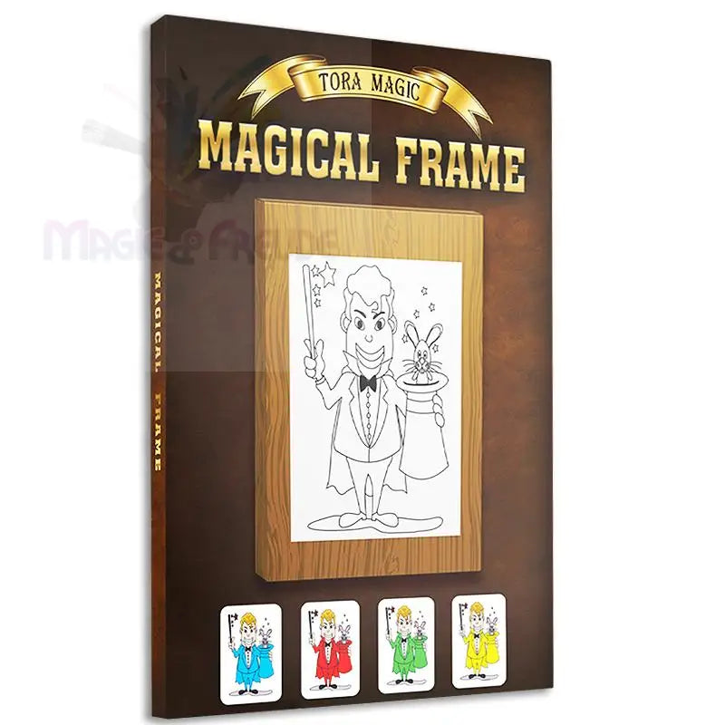 Ein Zaubertrickset mit einem Rahmen, der eine schwarz-weiße Zaubererzeichnung in Farbe verwandelt.