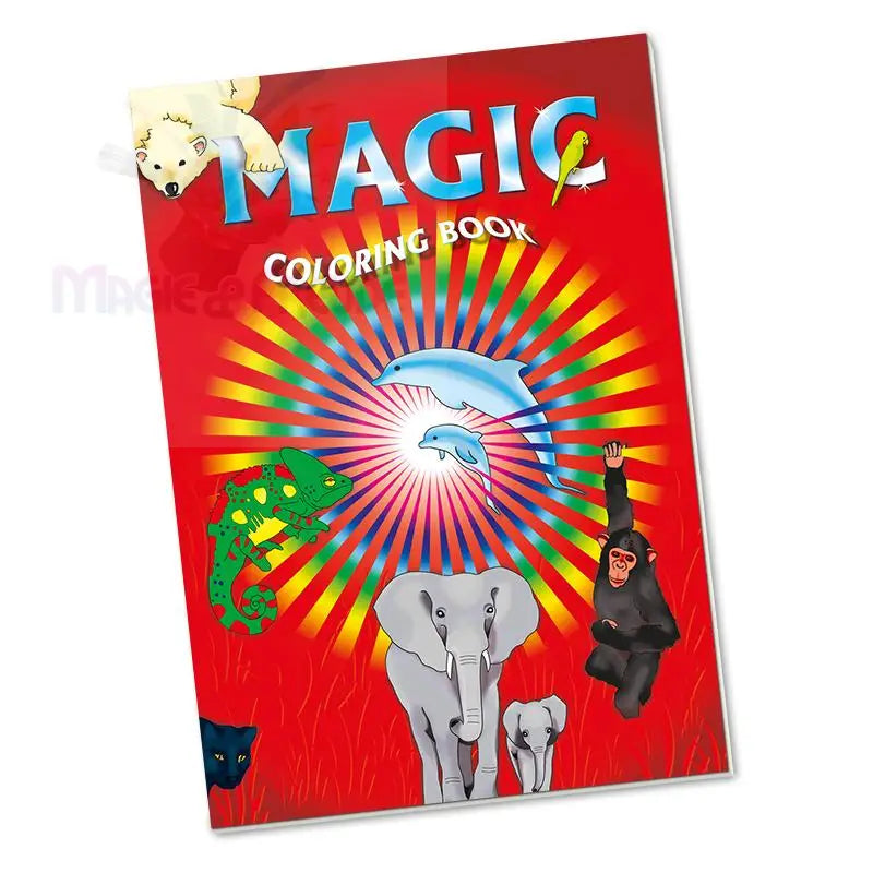 Ein farbenfrohes Malbuch für Kinder mit verschiedenen Tieren und dem Titel ’Magic Coloring Book’.