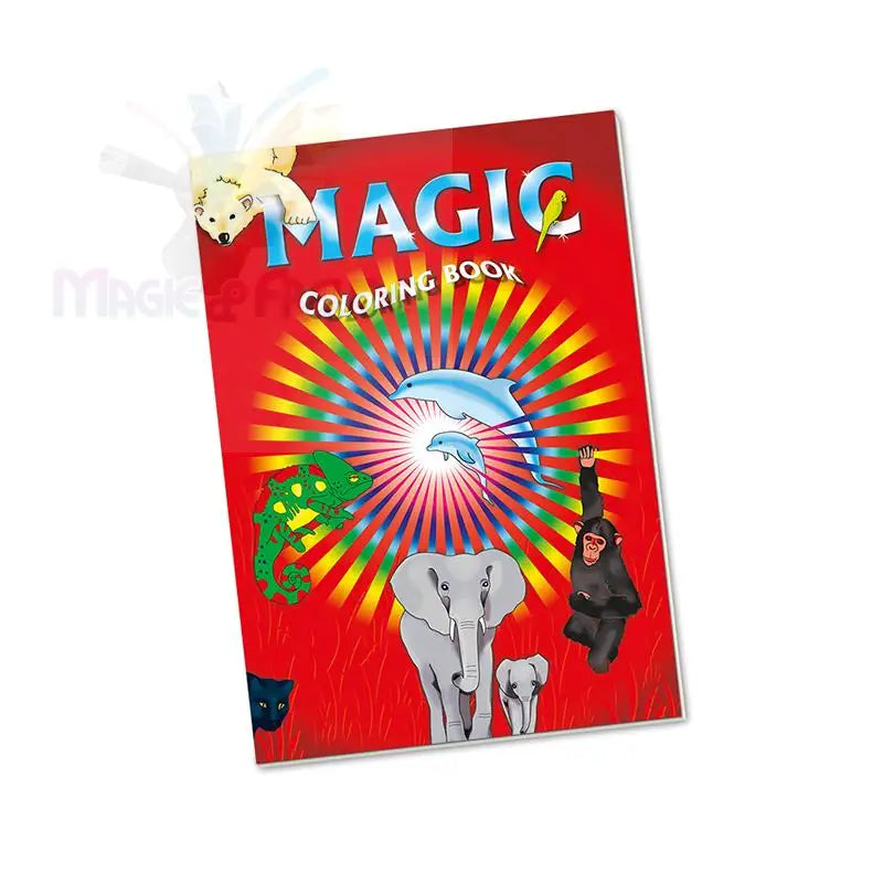 Ein Malbuch für Kinder mit rotem Einband, auf dem verschiedene Tiere abgebildet sind und das den Titel ’Magic Coloring Book’ trägt.