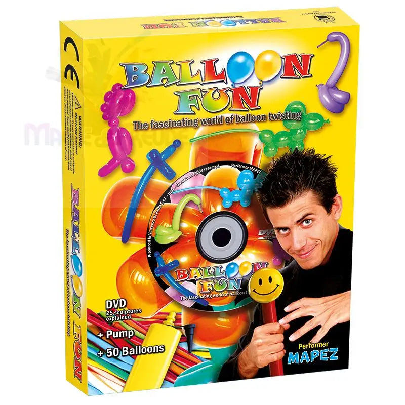 Eine gelbe Schachtel, die ein Ballonfalt-Set mit einer DVD, einer Pumpe und 50 Ballons enthält.