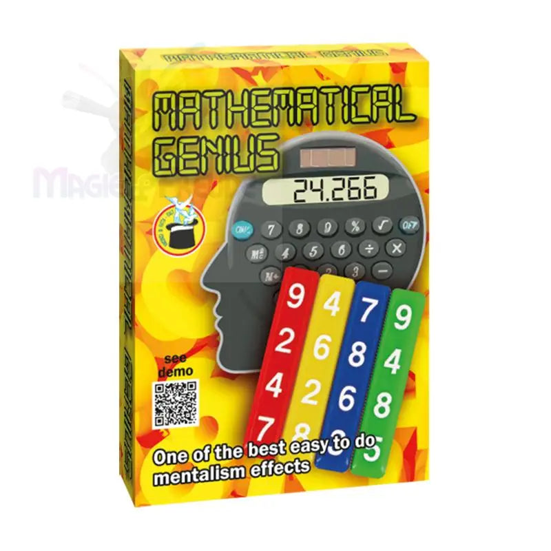 Eine leuchtend gelbe Schachtel mit einem Kopf in Form eines Taschenrechners mit Zahlenplättchen, die für einen Mentalismus-Effekt ’Mathematisches Genie’ werben.