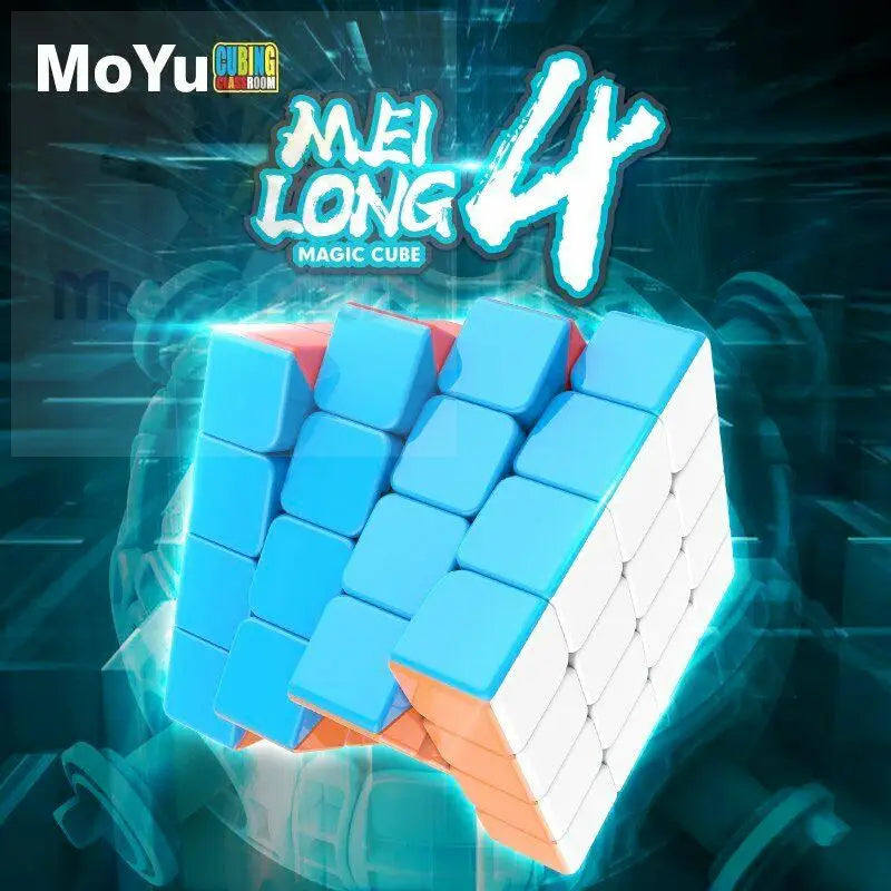 Ein blauer und weißer Moyu Mei Long 4x4 Speed Cube.